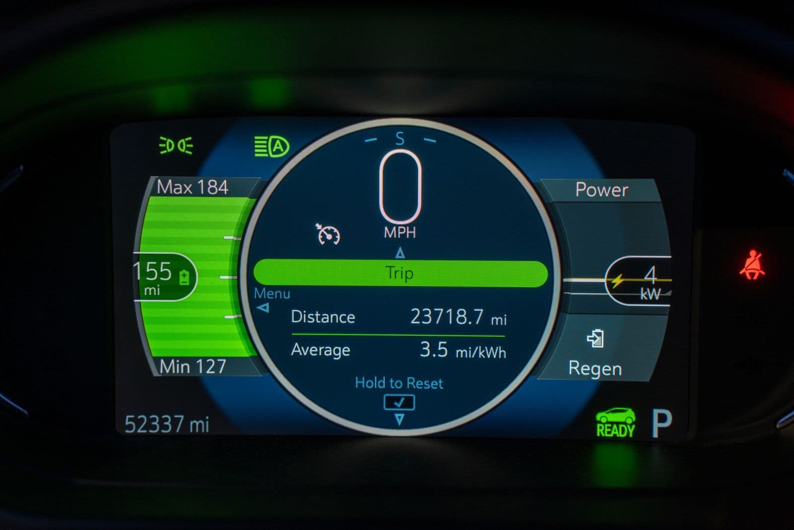An electric car's instrument cluster showing remaining range, a green battery gauge, average energy use and a high odometer reading.