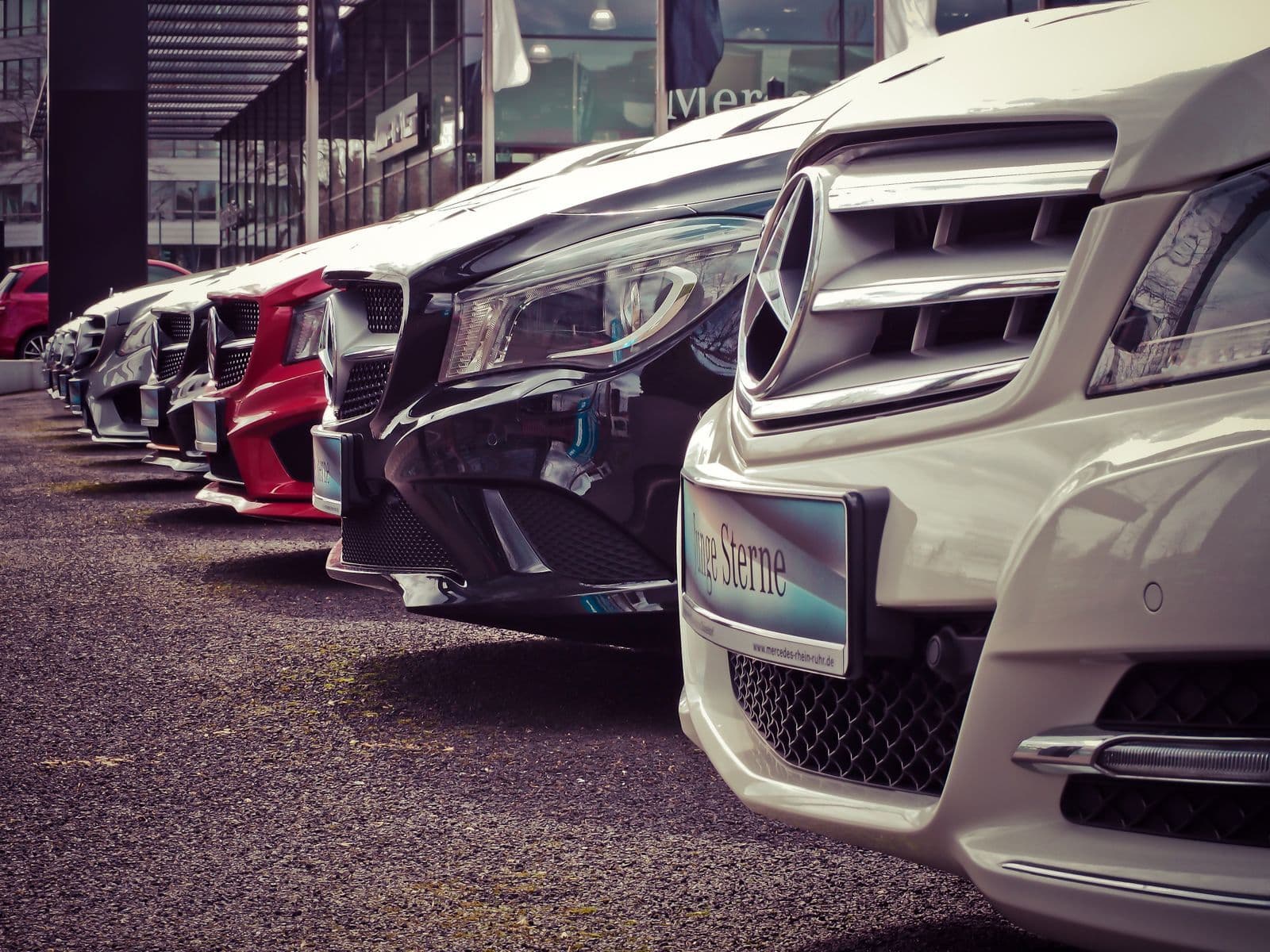 A row of cars parked nose-out on a dealership forecourt, photographed low along their front bumpers.