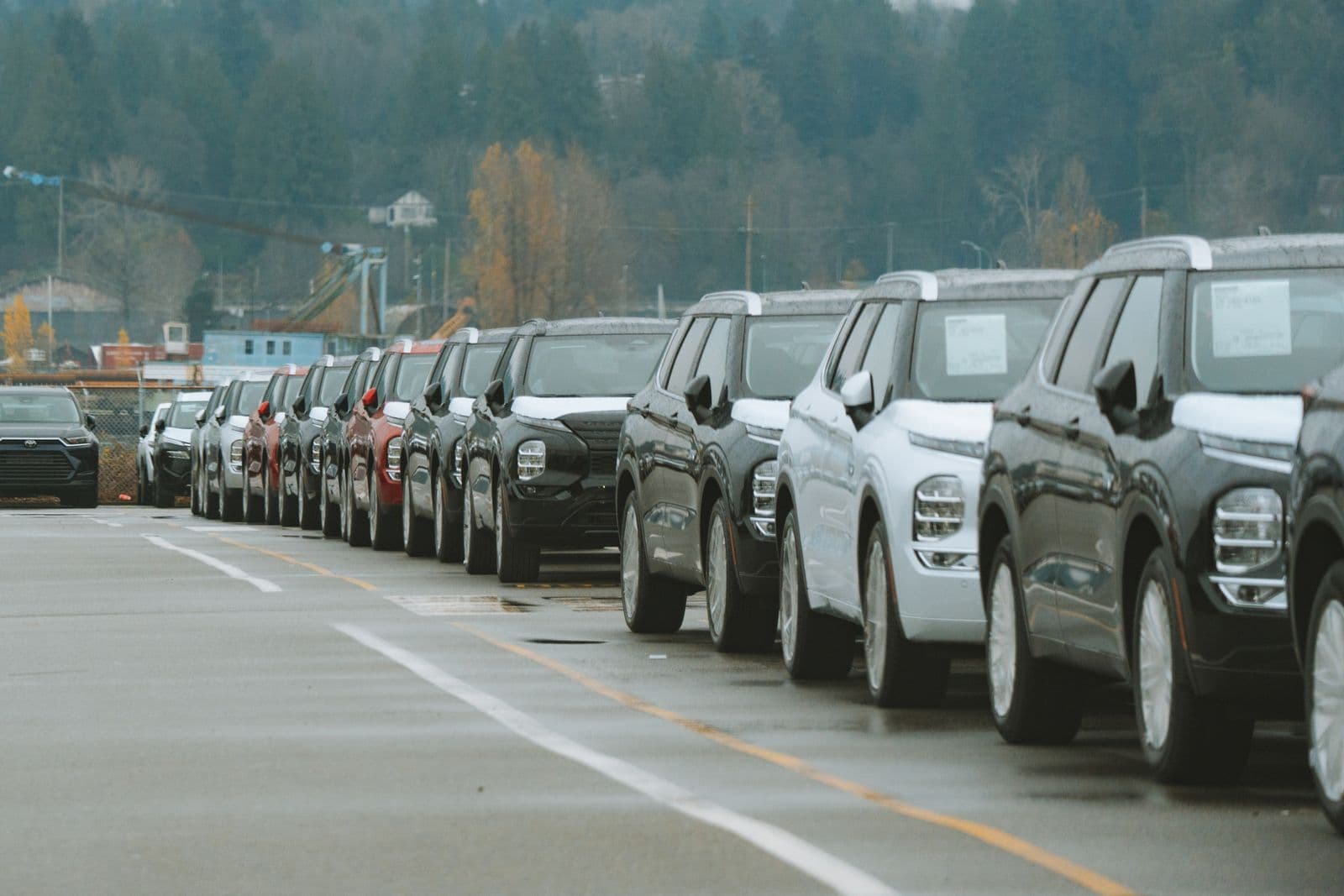 Rows of new SUVs in white, black and red lined up on a dealership lot on an overcast day.