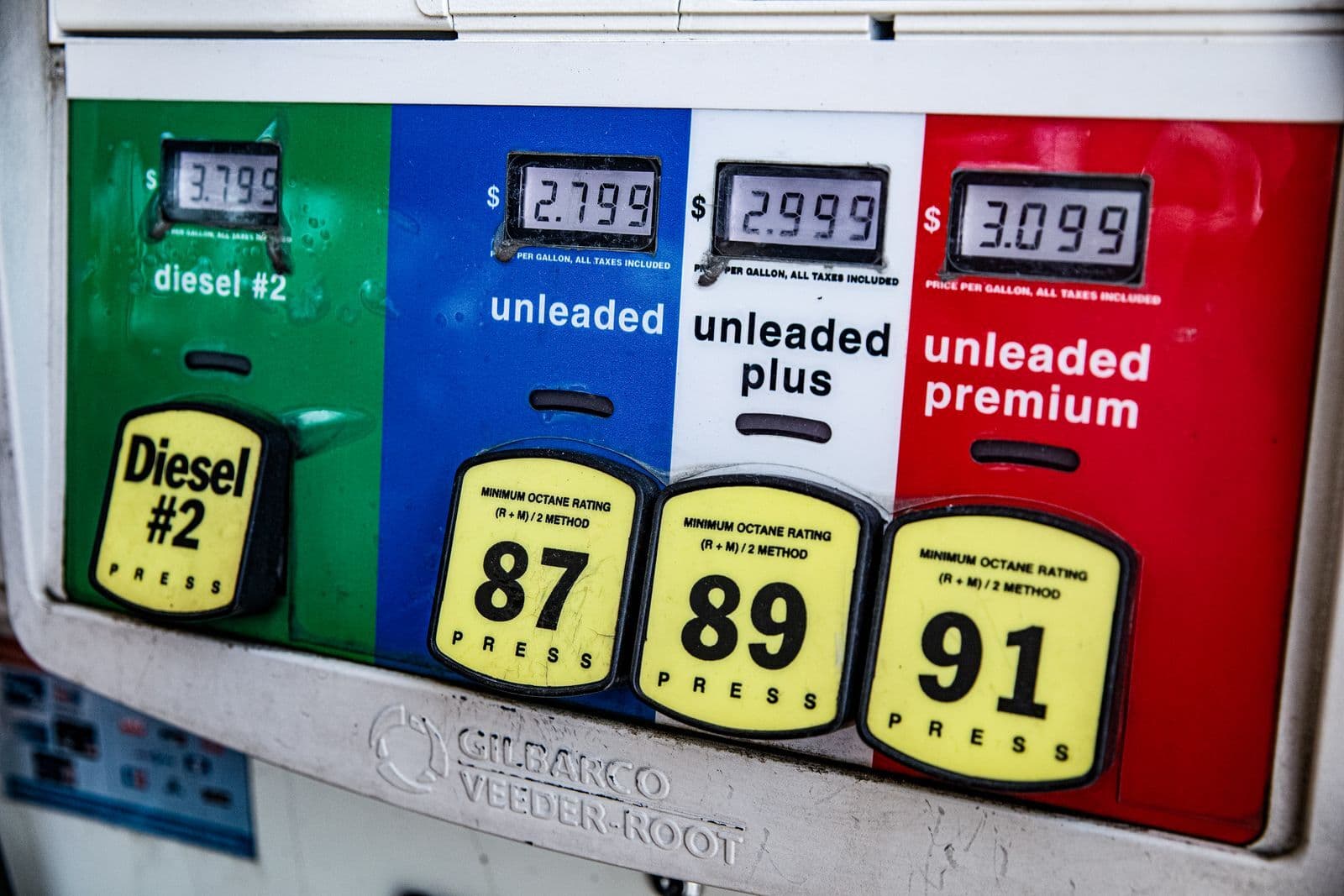 A fuel pump panel with yellow octane buttons marked 87, 89 and 91 beneath price displays for unleaded, plus and premium petrol and diesel.