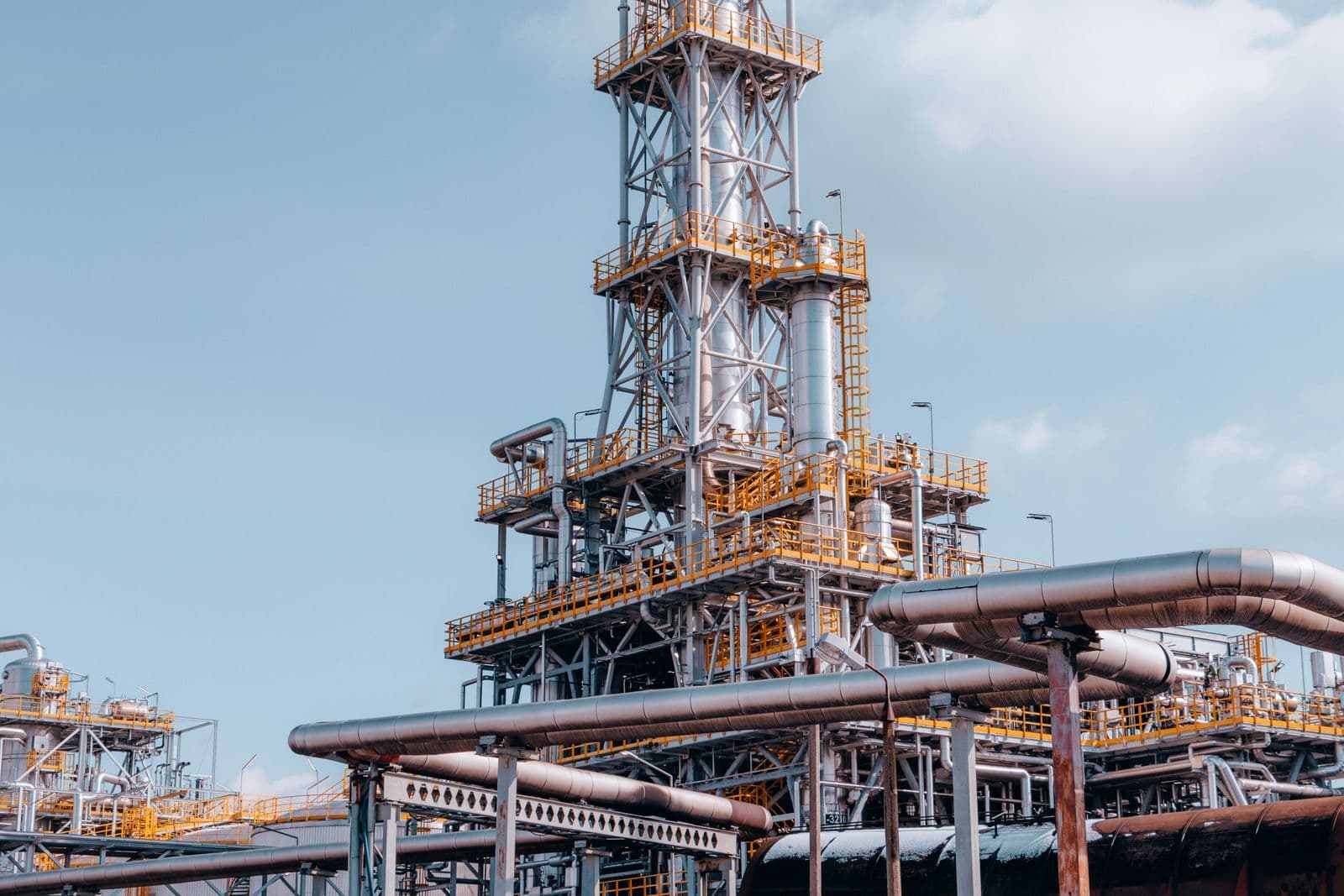 Distillation towers, walkways and large pipes at an oil refinery against a pale blue sky.