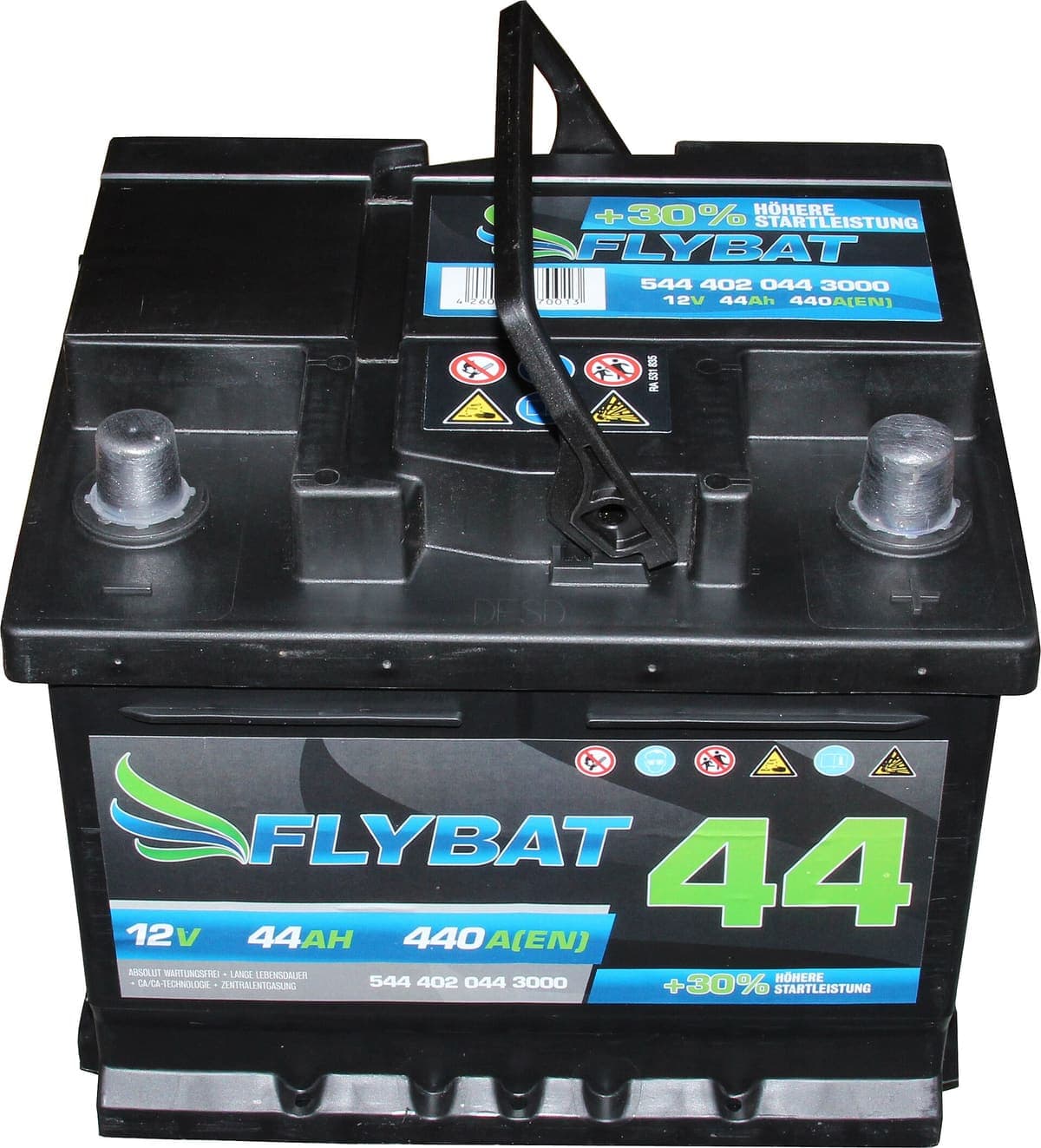 A lead-acid starter battery with its terminals and moulded top casing visible, of the type fitted under a car bonnet.