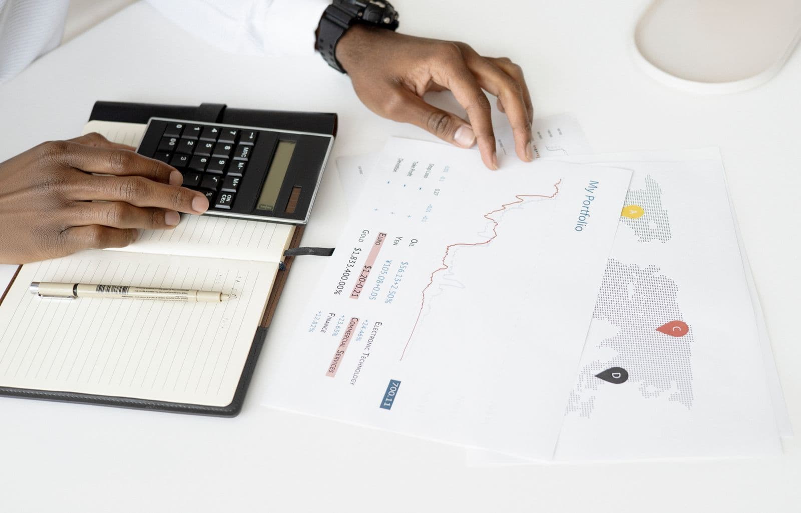 A person's hands resting on a pocket calculator and an open notebook beside a printed financial chart on a white desk.