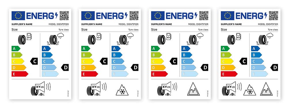 Four examples of the European Union tyre label, each showing fuel efficiency and wet grip scales graded A to E, a noise rating, and snow or ice symbols.