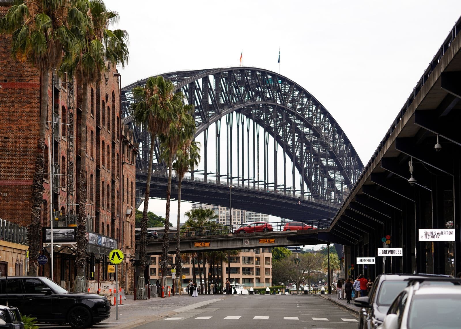 A city street lined with parked cars and palm trees, with the steel arch of the Sydney Harbour Bridge rising behind the buildings.
